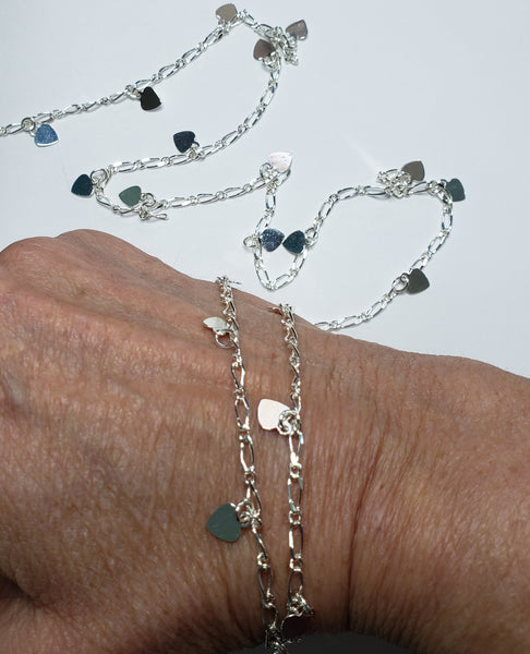 Sterling Silver Bracelet Necklace Anklet Chain w/5mm Heart Dangles